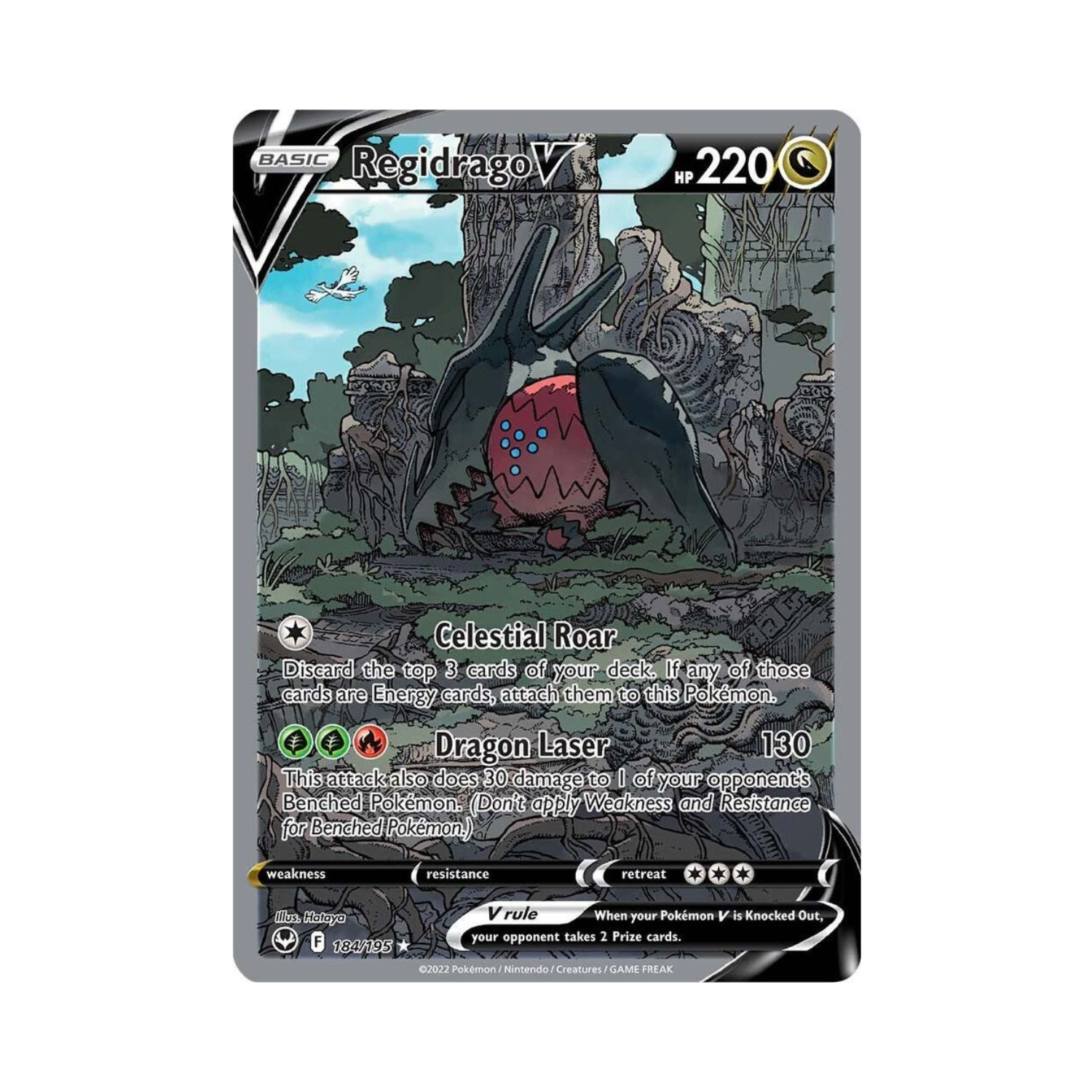 A Revidrago V Pokemon trading card. Gray background. A black and red Revidrago.