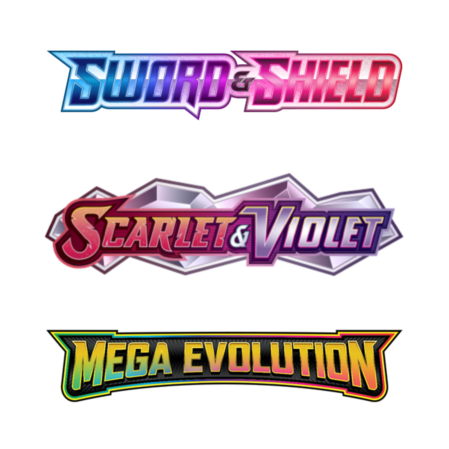 Logos for Pokémon TCG sets: Sword & Shield (blue/pink), Scarlet & Violet (red/purple), and Mega Evolution (yellow/green).