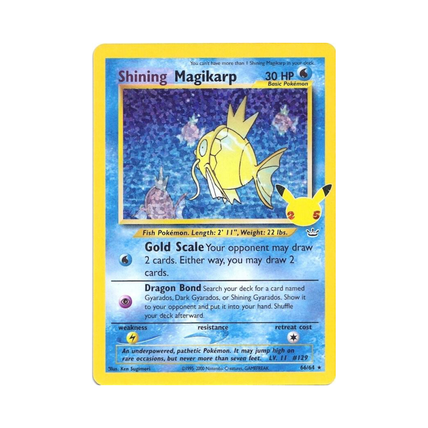 Shining Magikarp Pokémon card with yellow Magikarp over blue and yellow background.