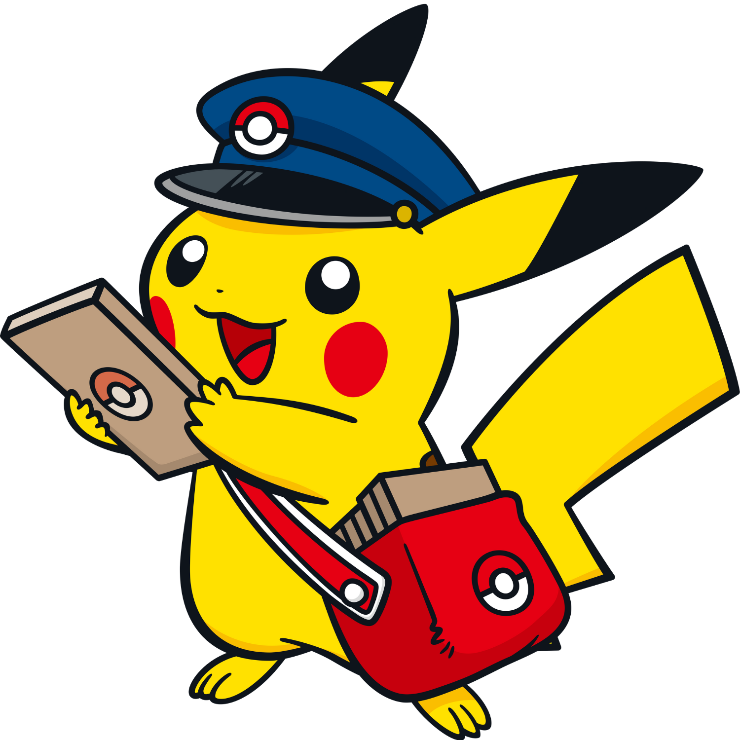 Pikachu wearing a postal worker hat and carrying mail, with a red bag, smiling.