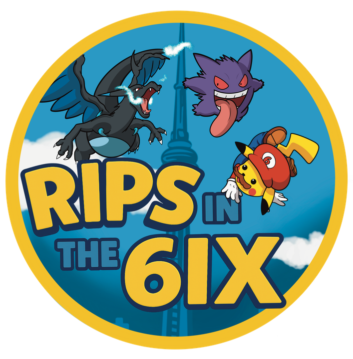 Round logo with Charizard, Gengar, and Pikachu; text 