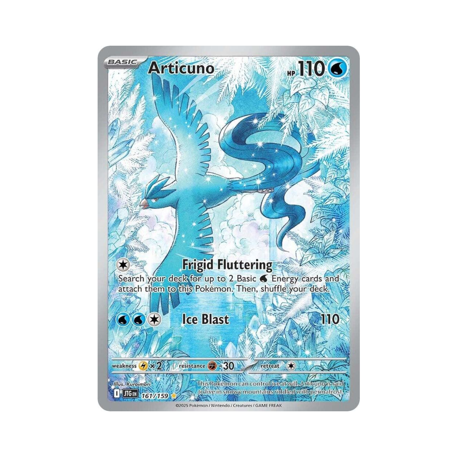 Articuno Pokémon card with a blue bird illustration on a snowy background.