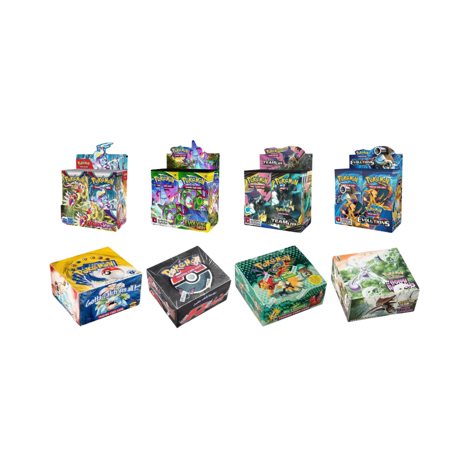 Eight Pokémon trading card booster boxes in various colors.