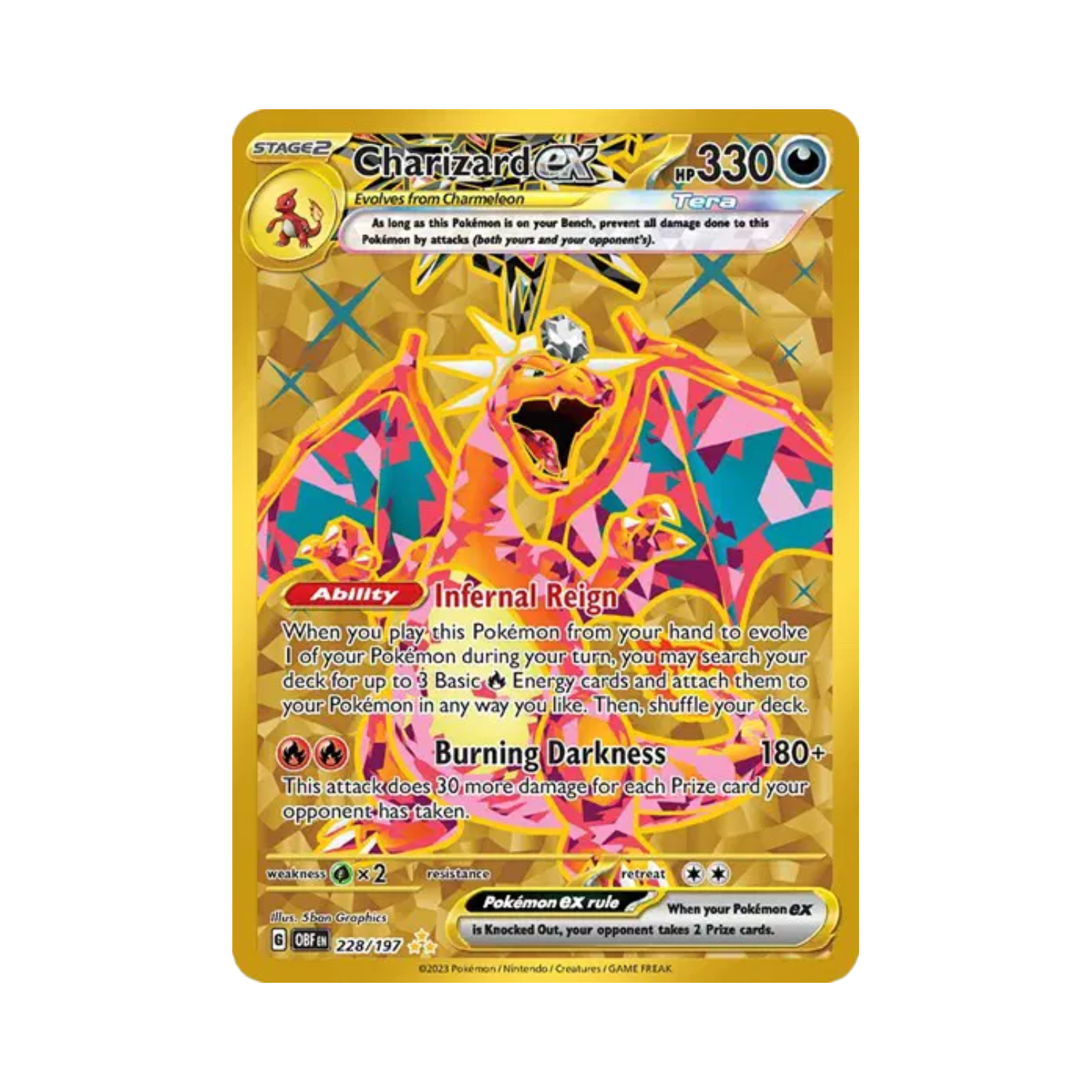 Gold Charizard ex Pokemon card with orange and pink fire elements, glitter background.