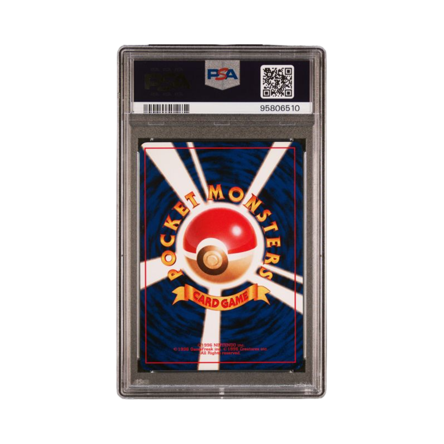Graded Pokémon trading card, PSA holder, card back visible: blue, red, gold, white Pokéball logo.