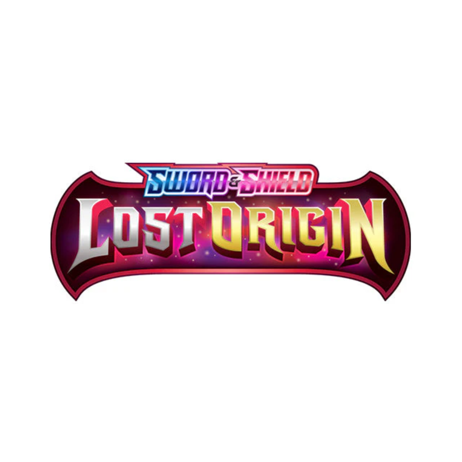 Sword & Shield: Lost Origin Pokémon card set logo. Text over a stylized purple, pink, and gold background.