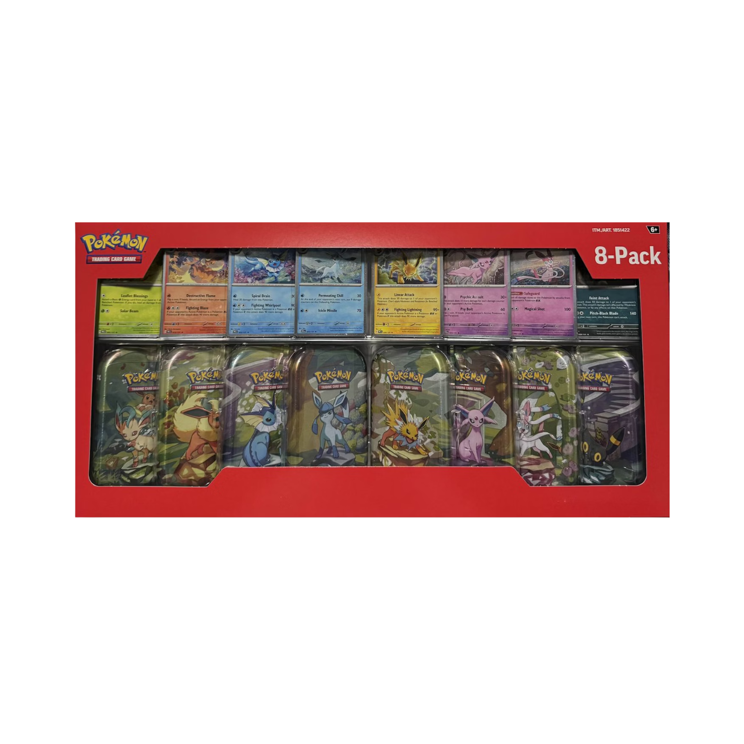 Pokémon 8-Pack gift set in a red box, showing trading card tins and booster packs.