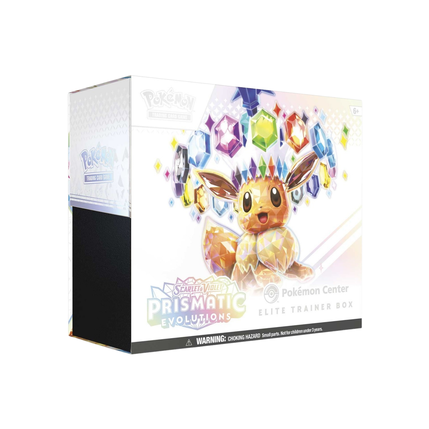 Pokémon Center Prismatic Eevee Elite Trainer Box. White box with Eevee illustration, colorful gems.