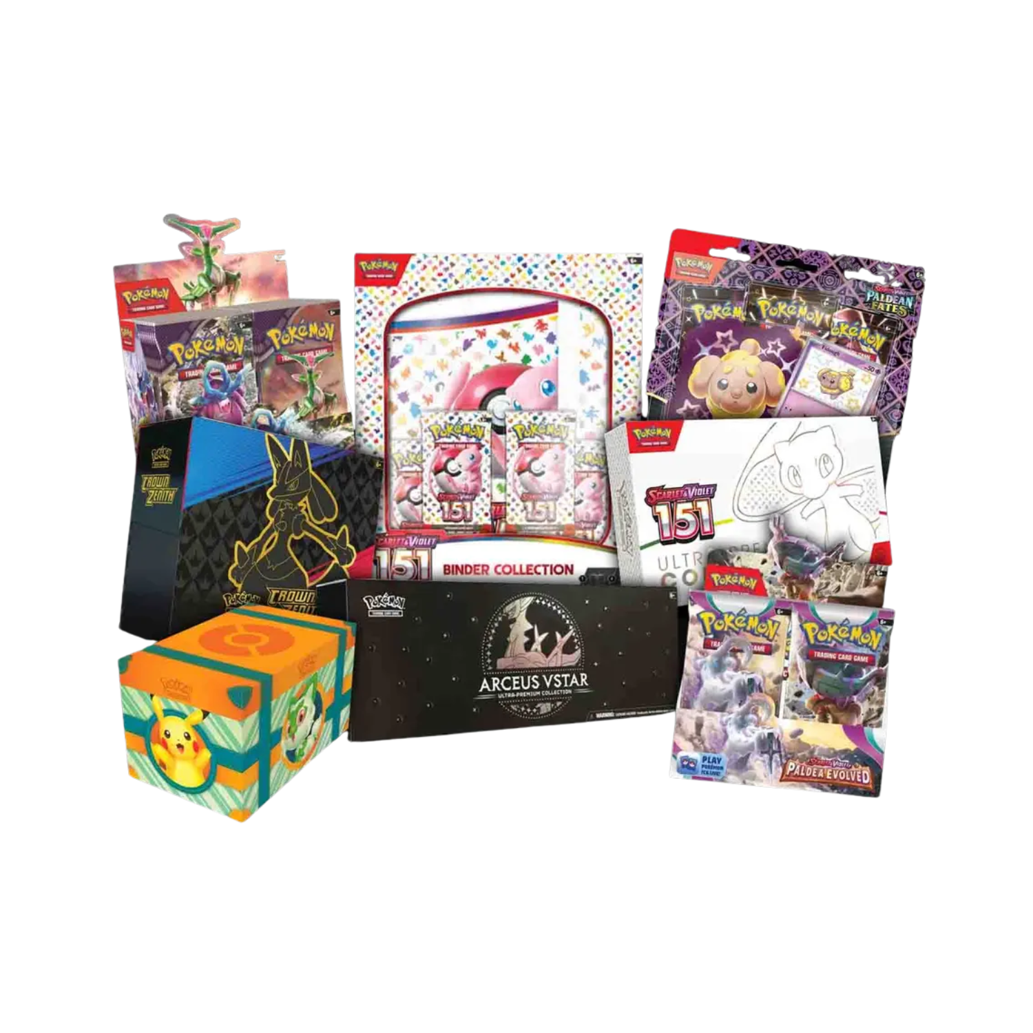 Pokémon merchandise display: TCG booster packs, boxes, binders, and themed gift sets.