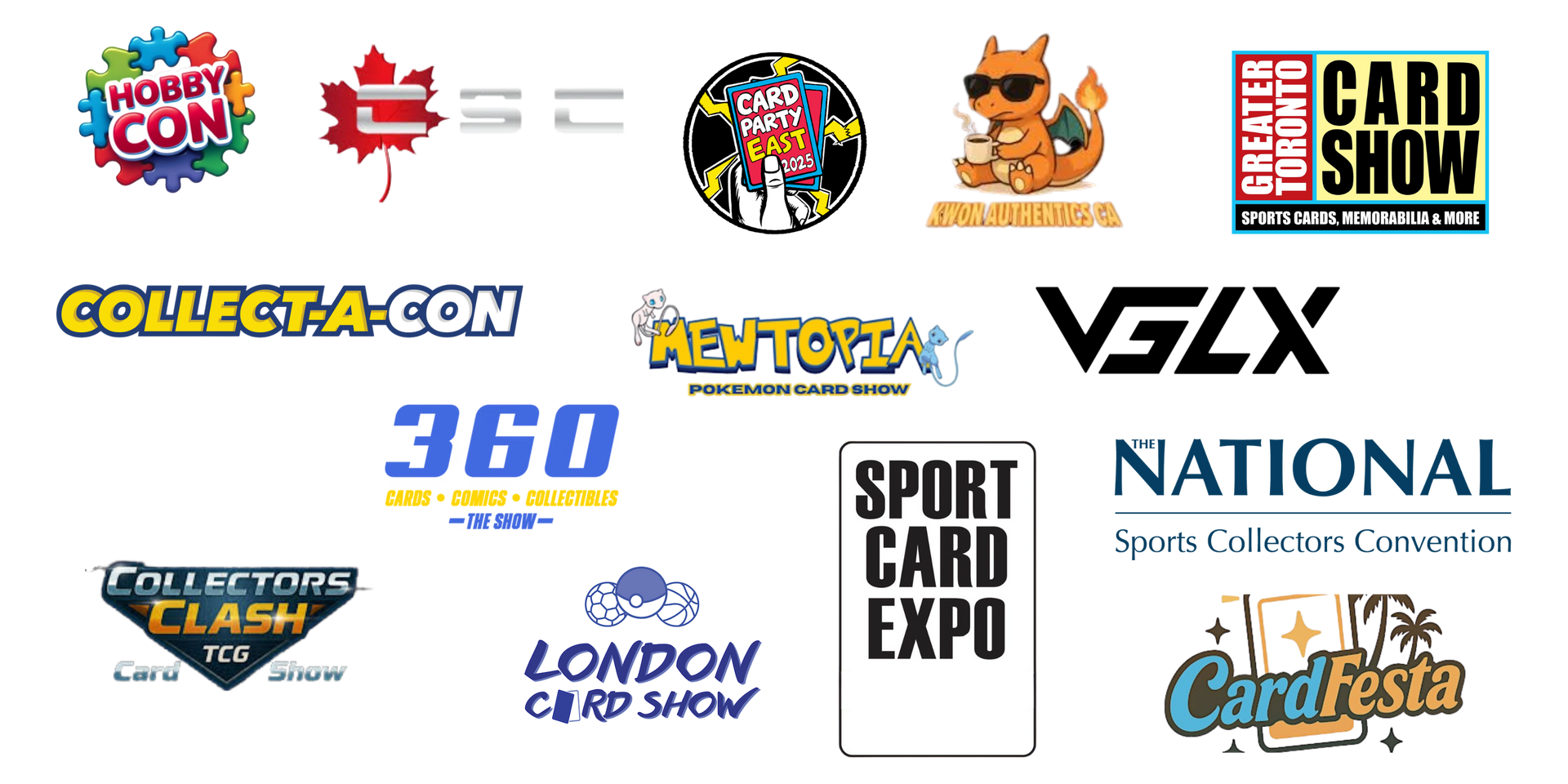 Logos of card shows and conventions, including Collect-a-con, Sport Card Expo, and Cardfest.