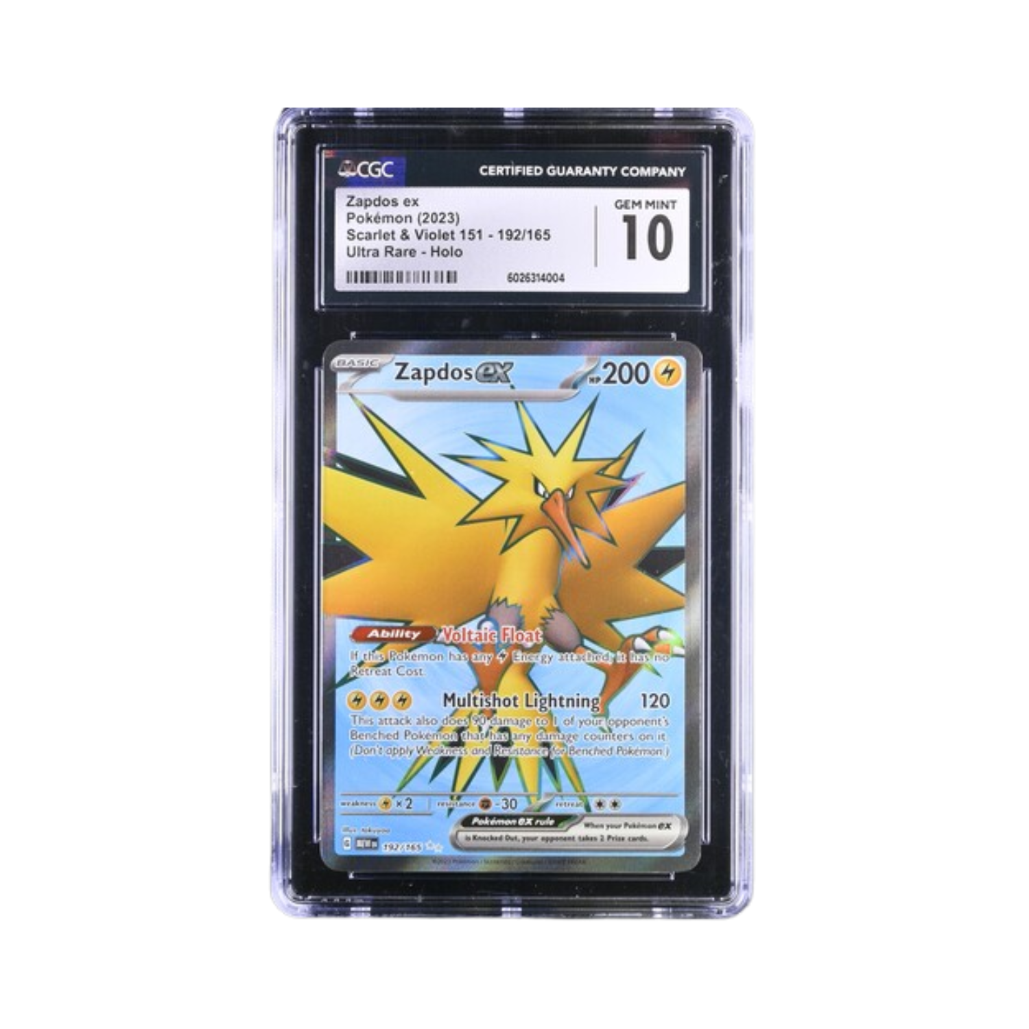 A graded Pokémon card of Zapdos GX, rated 10, encased in a clear, protective holder.