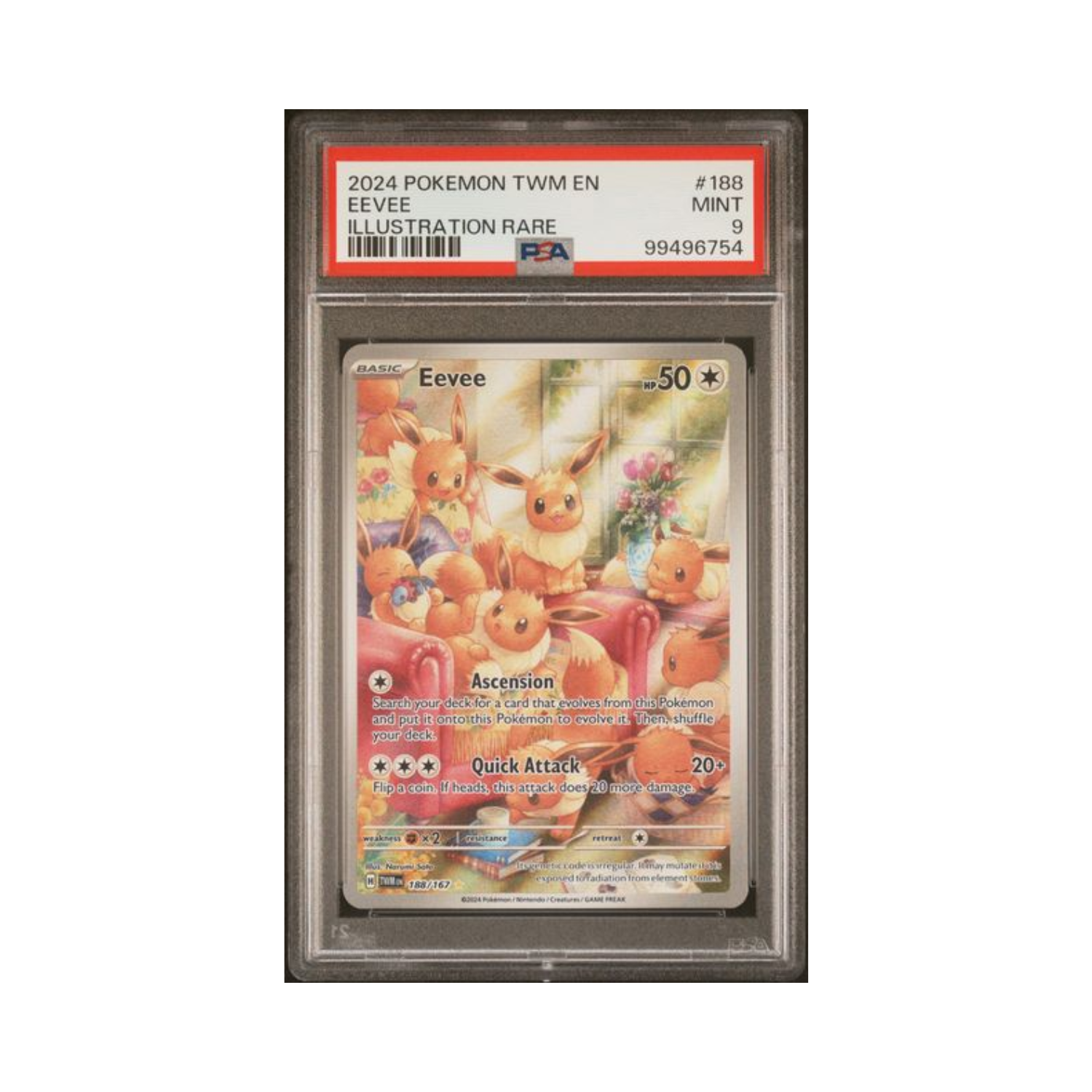PSA graded Pokémon TCG card of several Eevee in a living room, graded as a Mint 9.