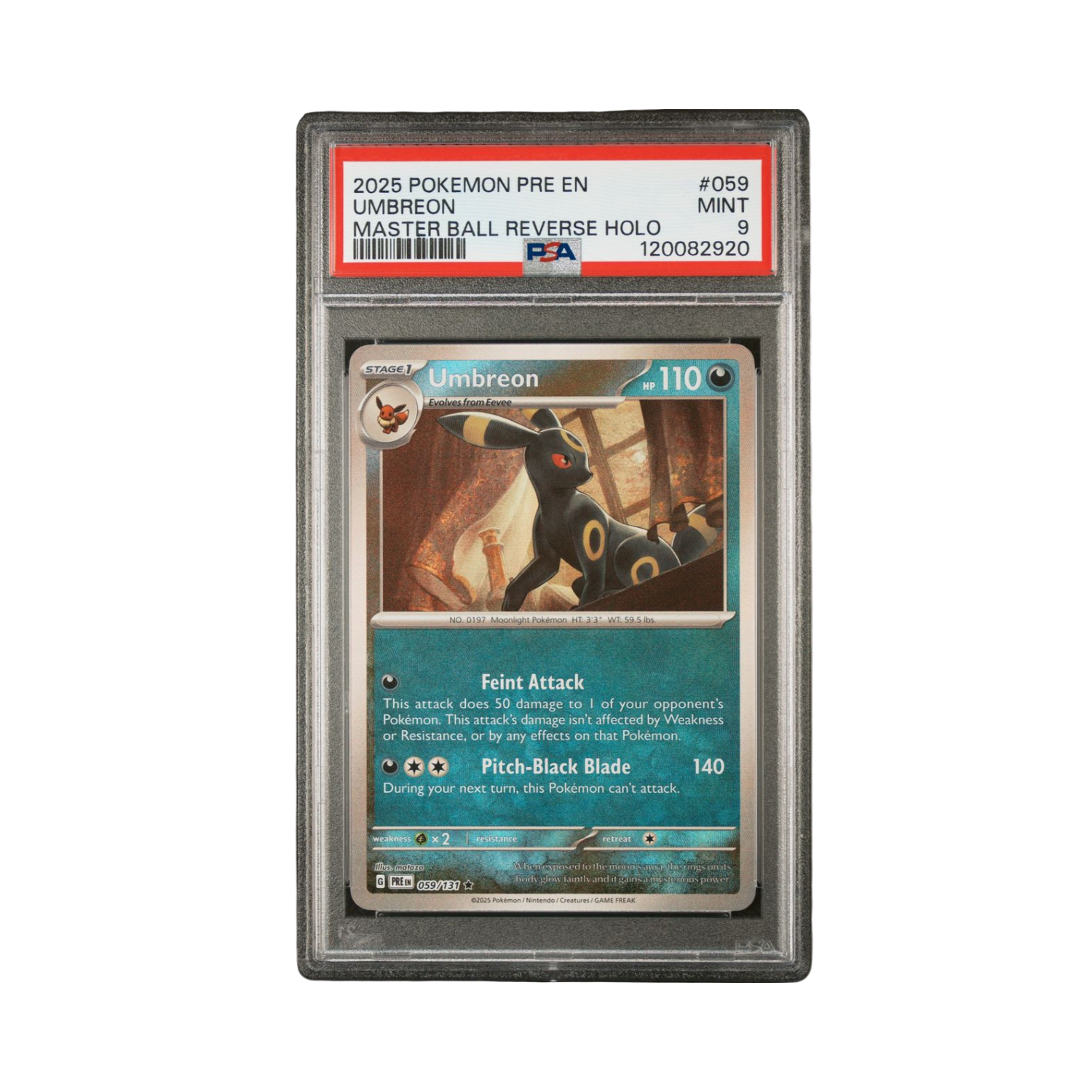 Pokemon card of Umbreon in PSA graded case.