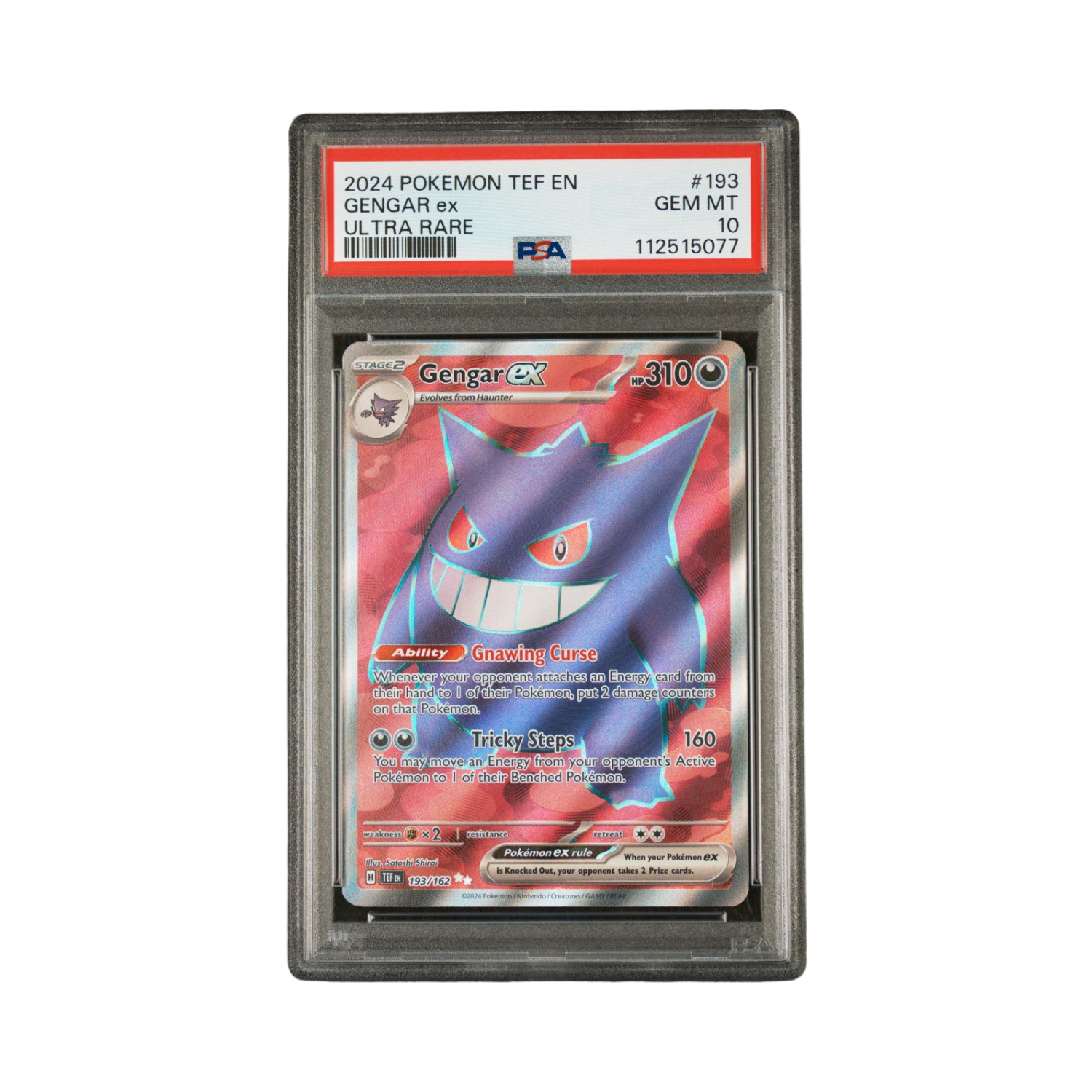 A graded Gengar V Pokemon card in a protective case, featuring a purple ghost on a red patterned background.