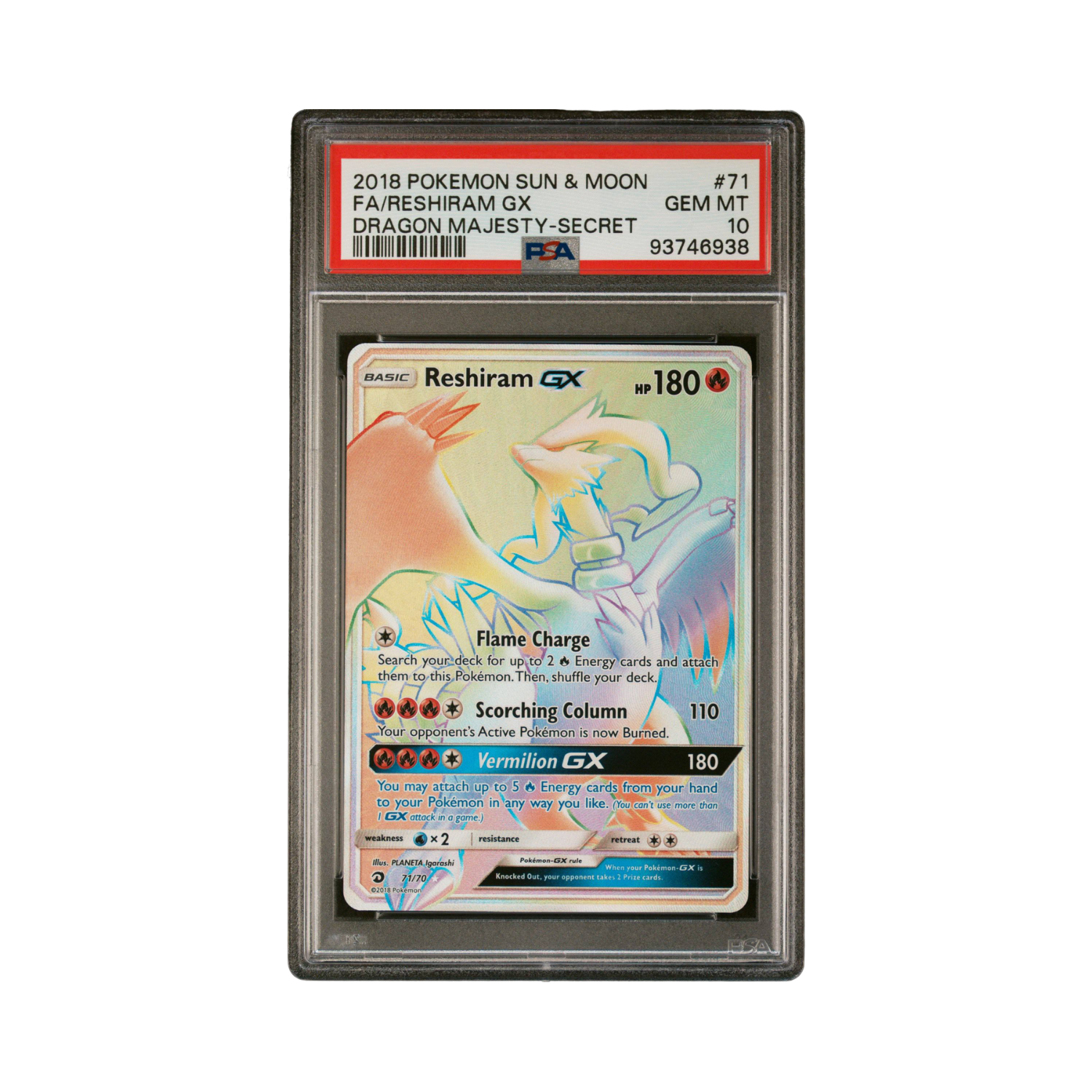 PSA graded Rainbow Rare Reshiram GX Pokémon card.