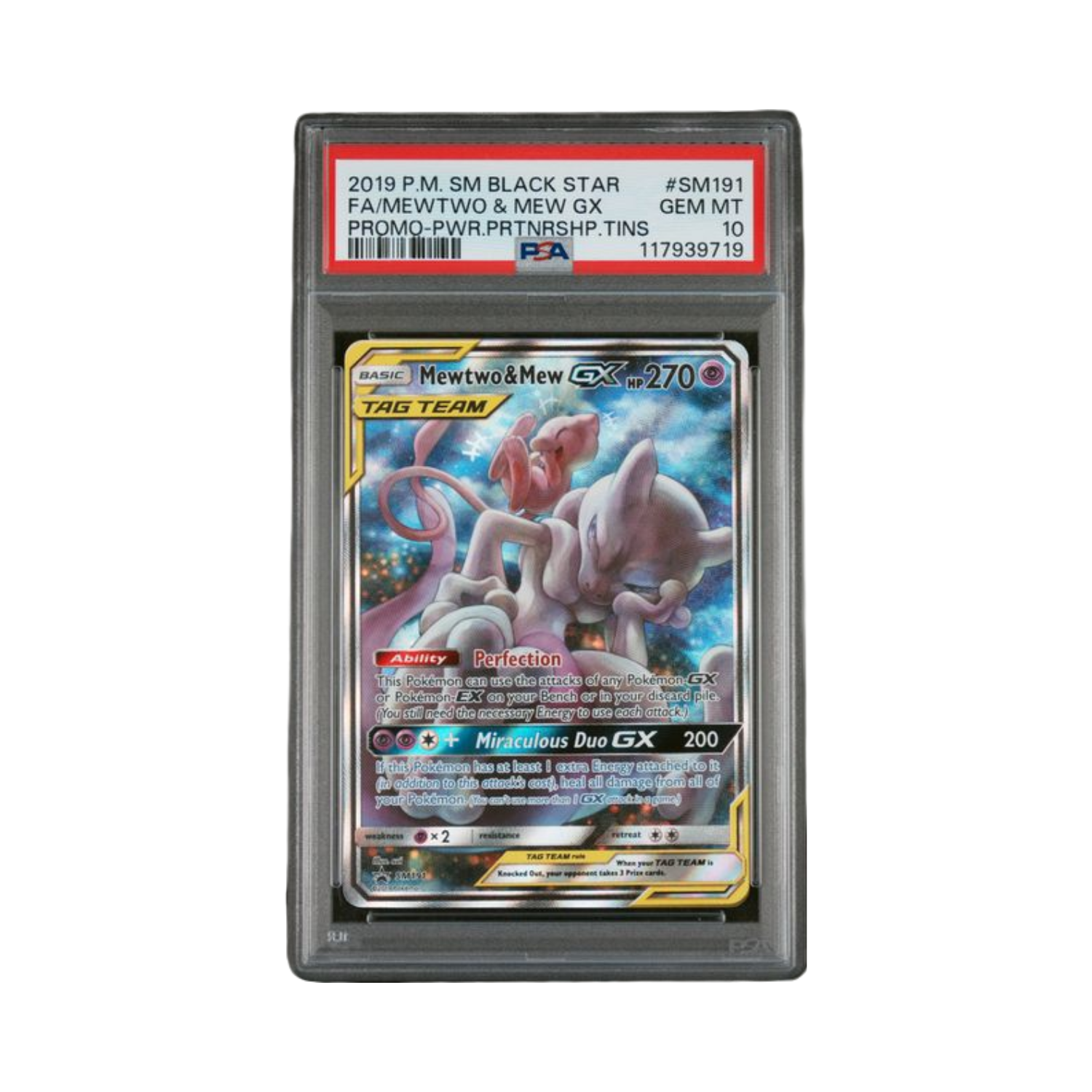 A graded Pokémon card of a Mewtwo & Mew GX, in a black case.