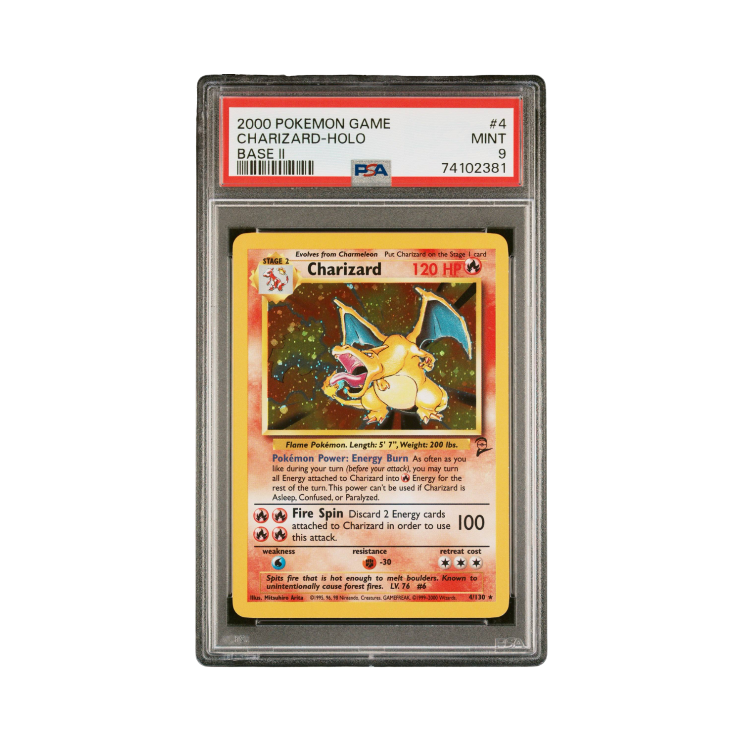 Graded Charizard Pokemon card in a PSA case.