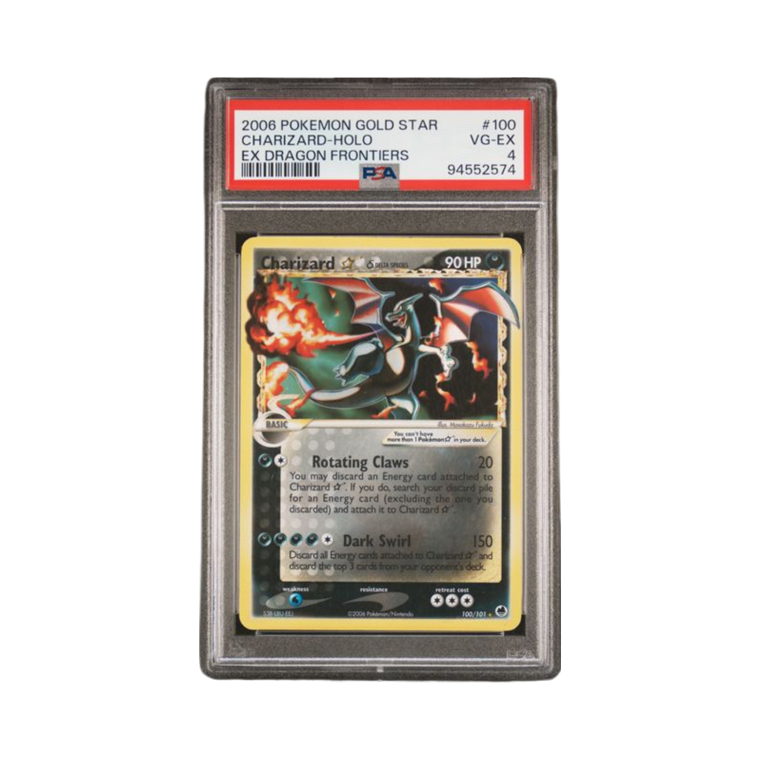 Graded Charizard Gold Star Pokémon card in a PSA case, graded VG-EX 4.
