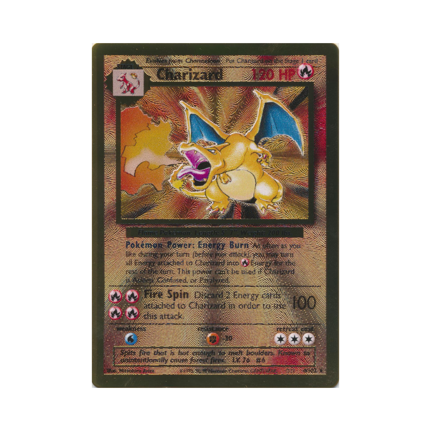 Golden Charizard Pokémon card, orange and blue flames, dragon creature.
