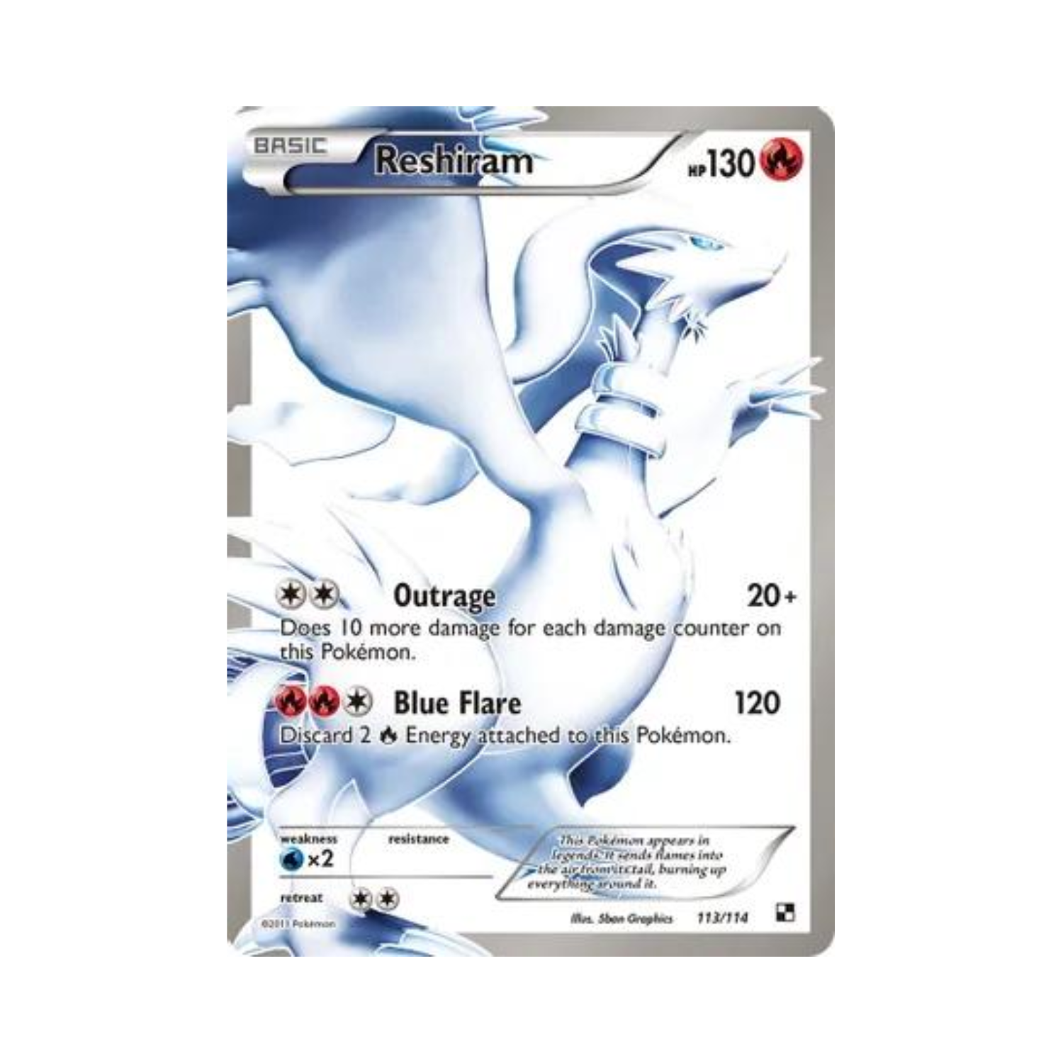Reshiram Pokémon card. A white dragon with blue highlights, attacks include Outrage and Blue Flare.