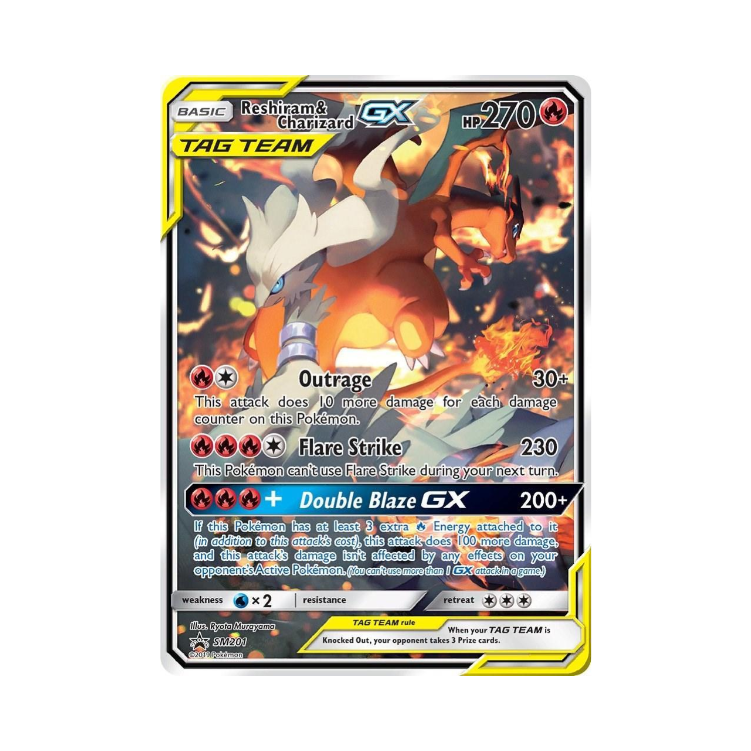 Pokemon card, Tag Team Incineroar & Charizard GX, with fiery background.