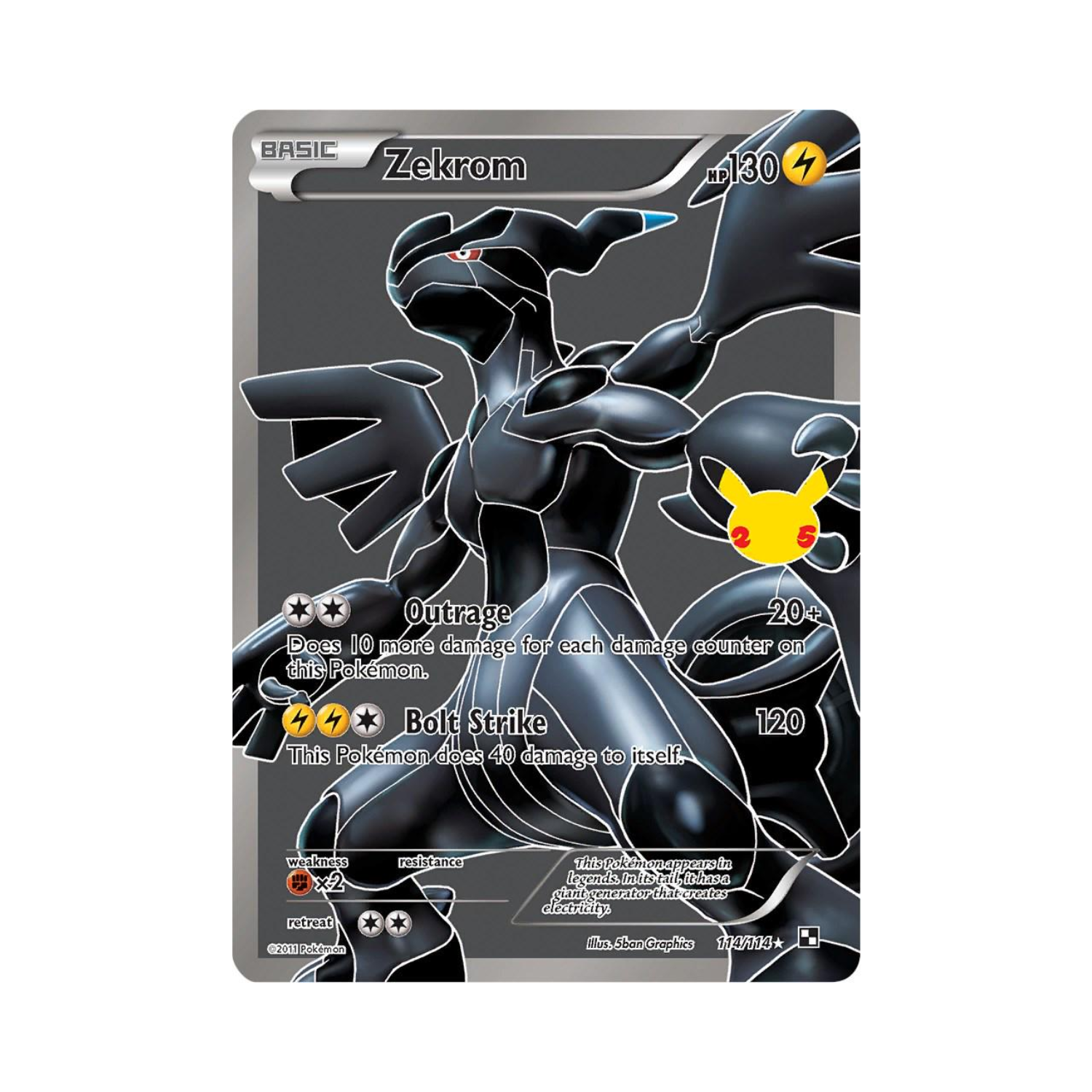 Pokémon TCG card featuring Zekrom, a black dragon, with a Pikachu stamp on its side.