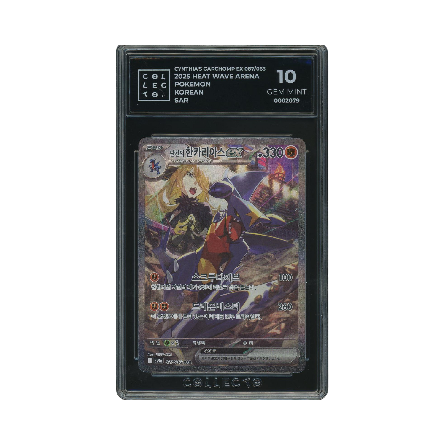 A graded Pokémon card inside a black case, a character with a Garchomp.
