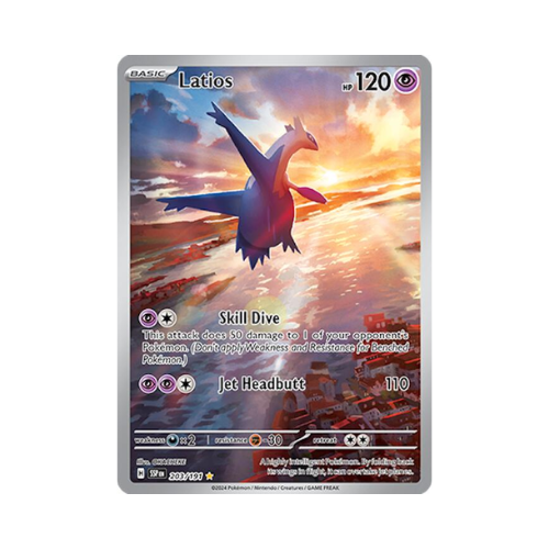 Latias Pokémon card with Latias flying over a sunset ocean.