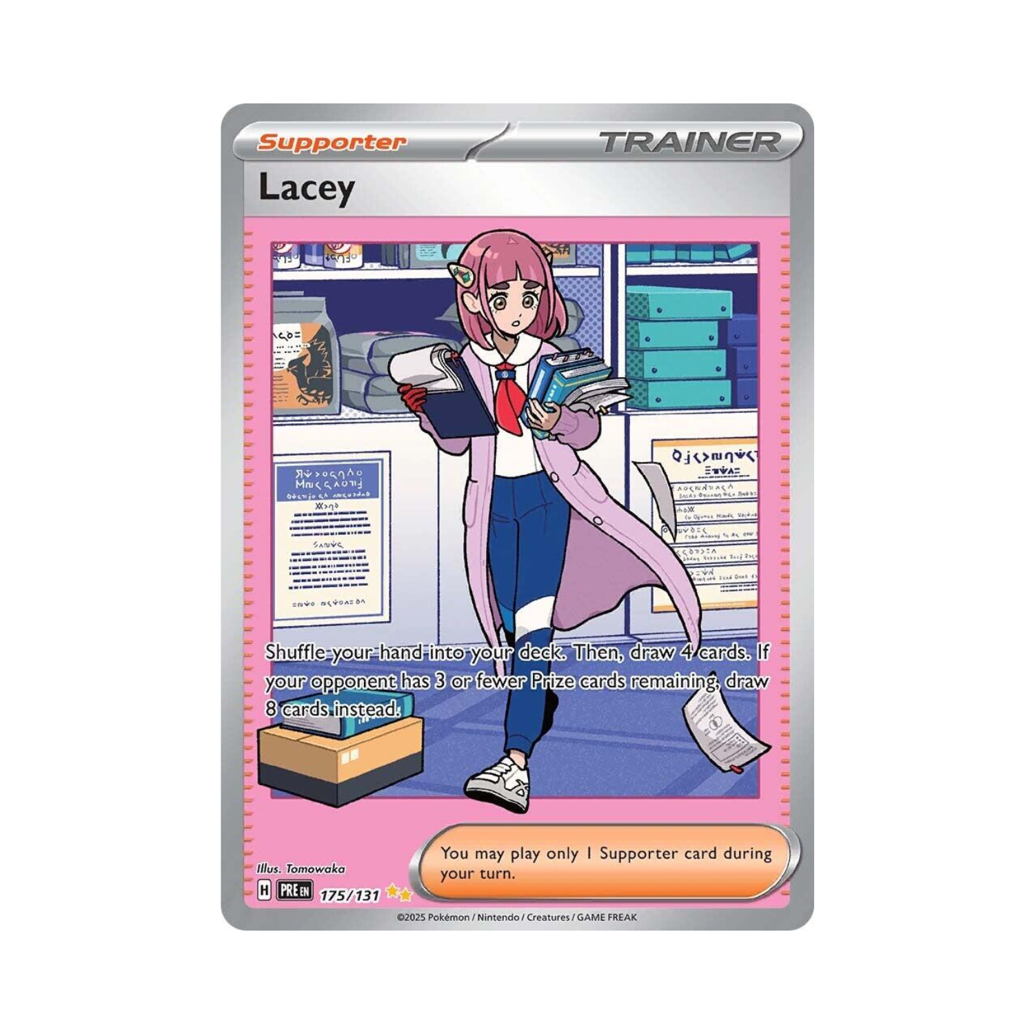 Lacey Pokemon card. A woman in a store, surrounded by items. Pink and blue colors.