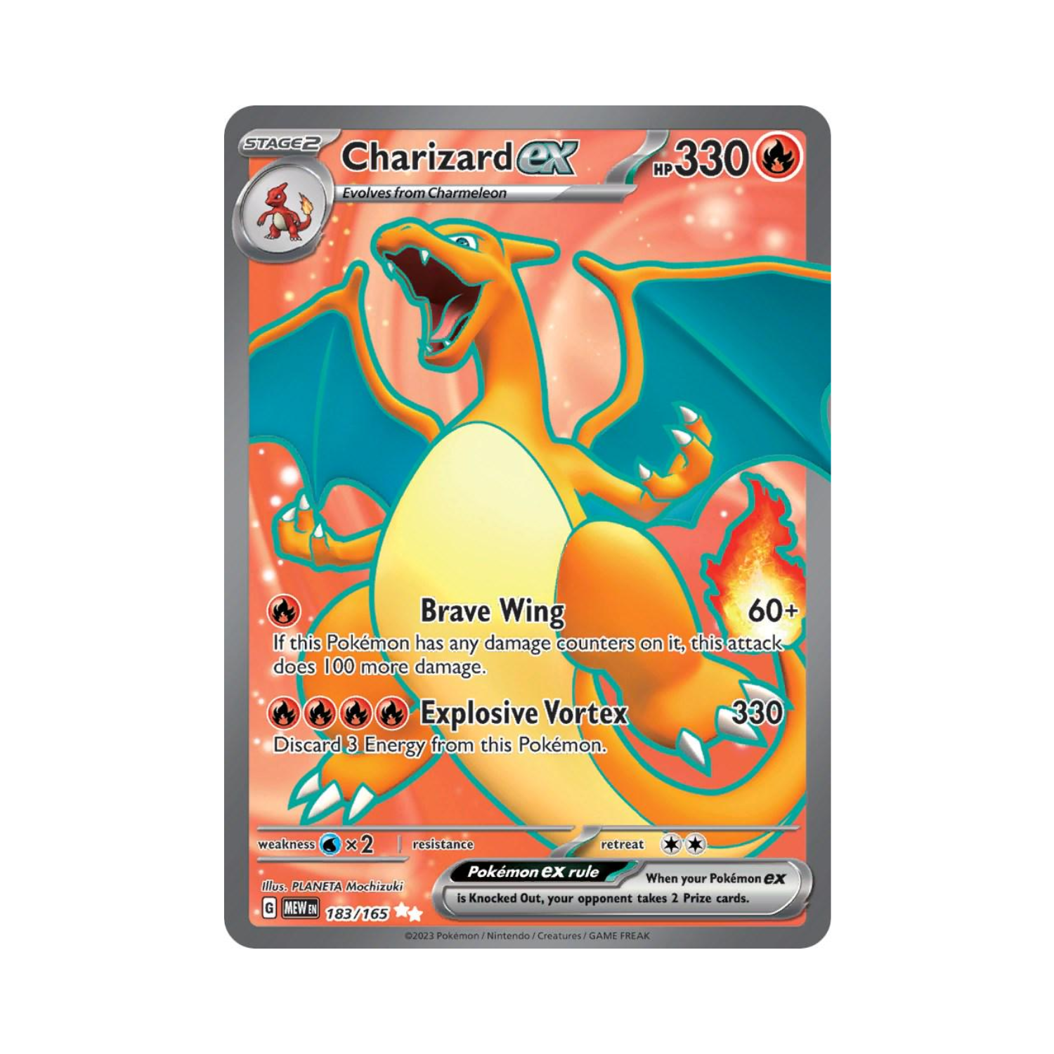 Charizard EX Pokémon card, orange and blue, attacking, flames, background.