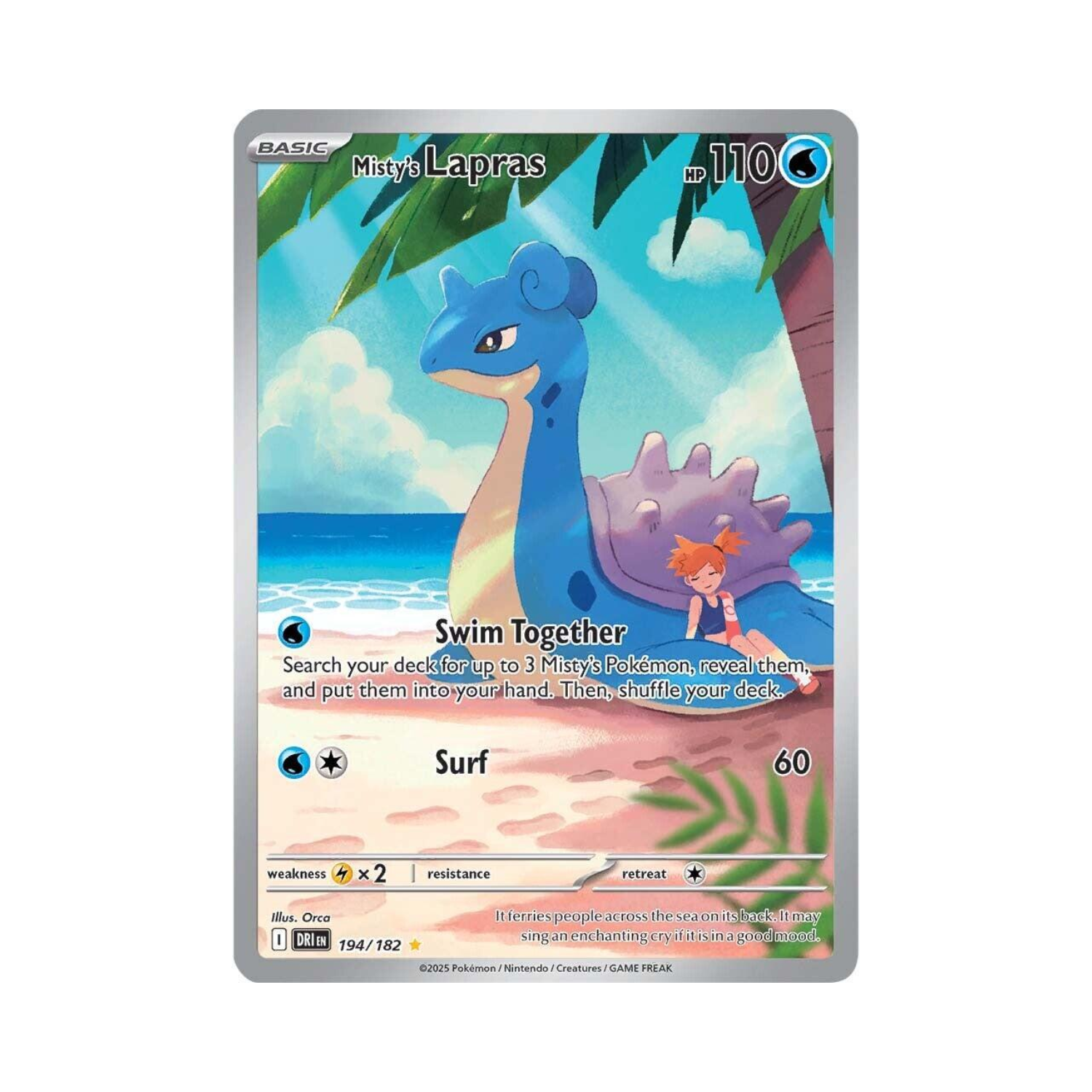 Mega Lapras Pokémon card with Misty at the beach.