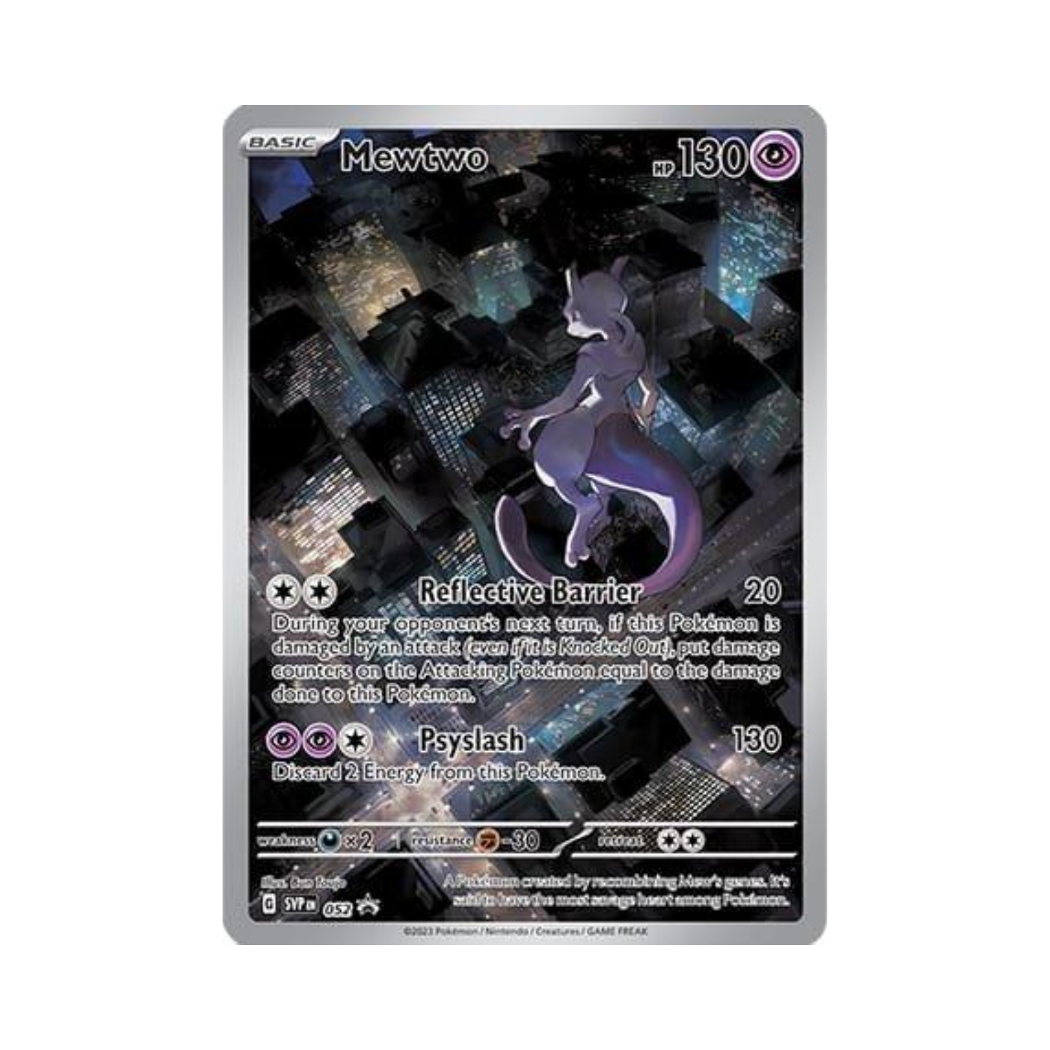 Mewtwo Pokémon card with a purple figure and a black background. The card has a shiny silver frame.