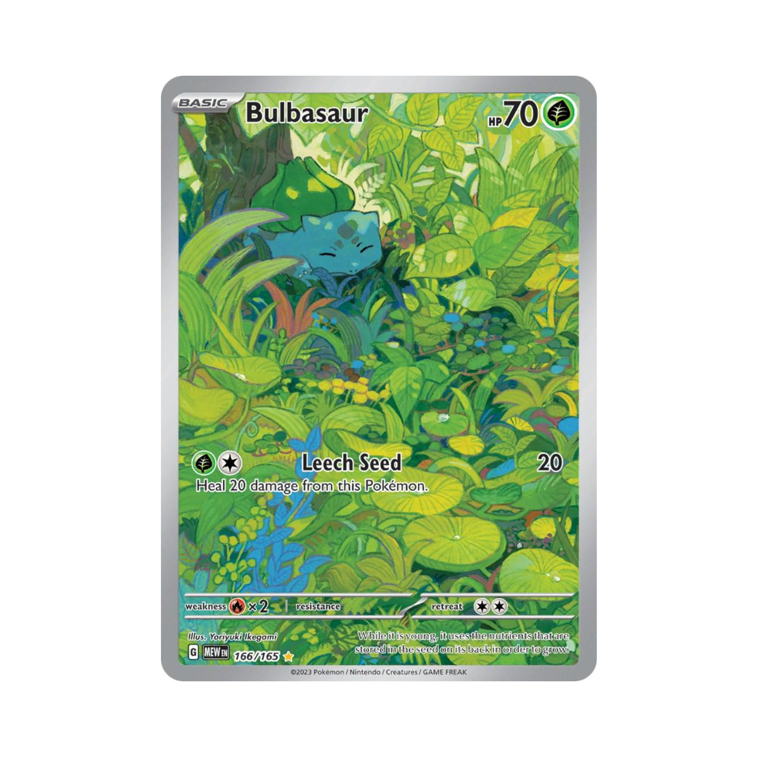 Bulbasaur Pokémon card in a lush green environment. Bulbasaur is nestled in vibrant foliage, with a power attack.