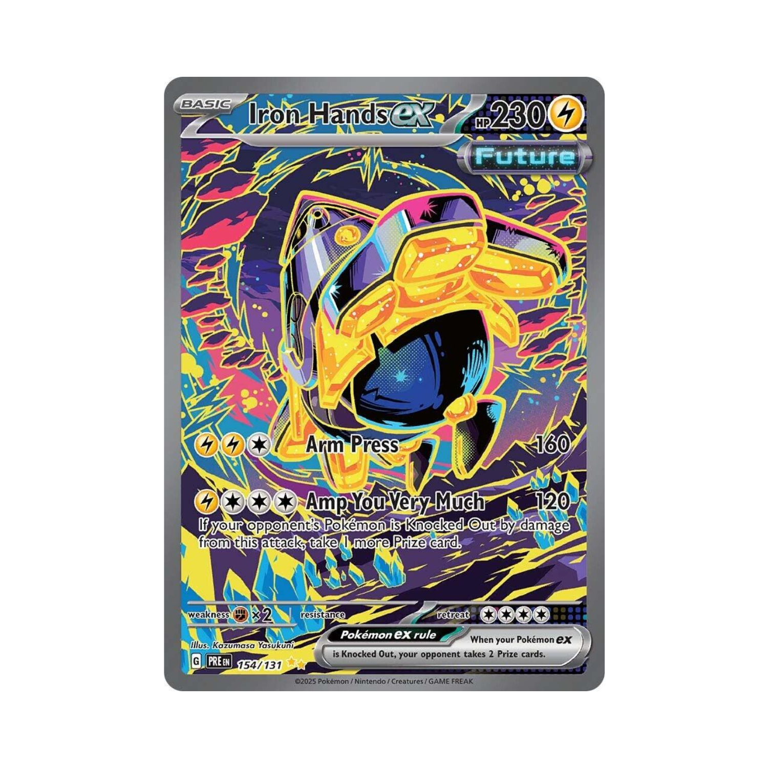 Iron Hands ex Pokémon card with vibrant, futuristic art and electric energy.