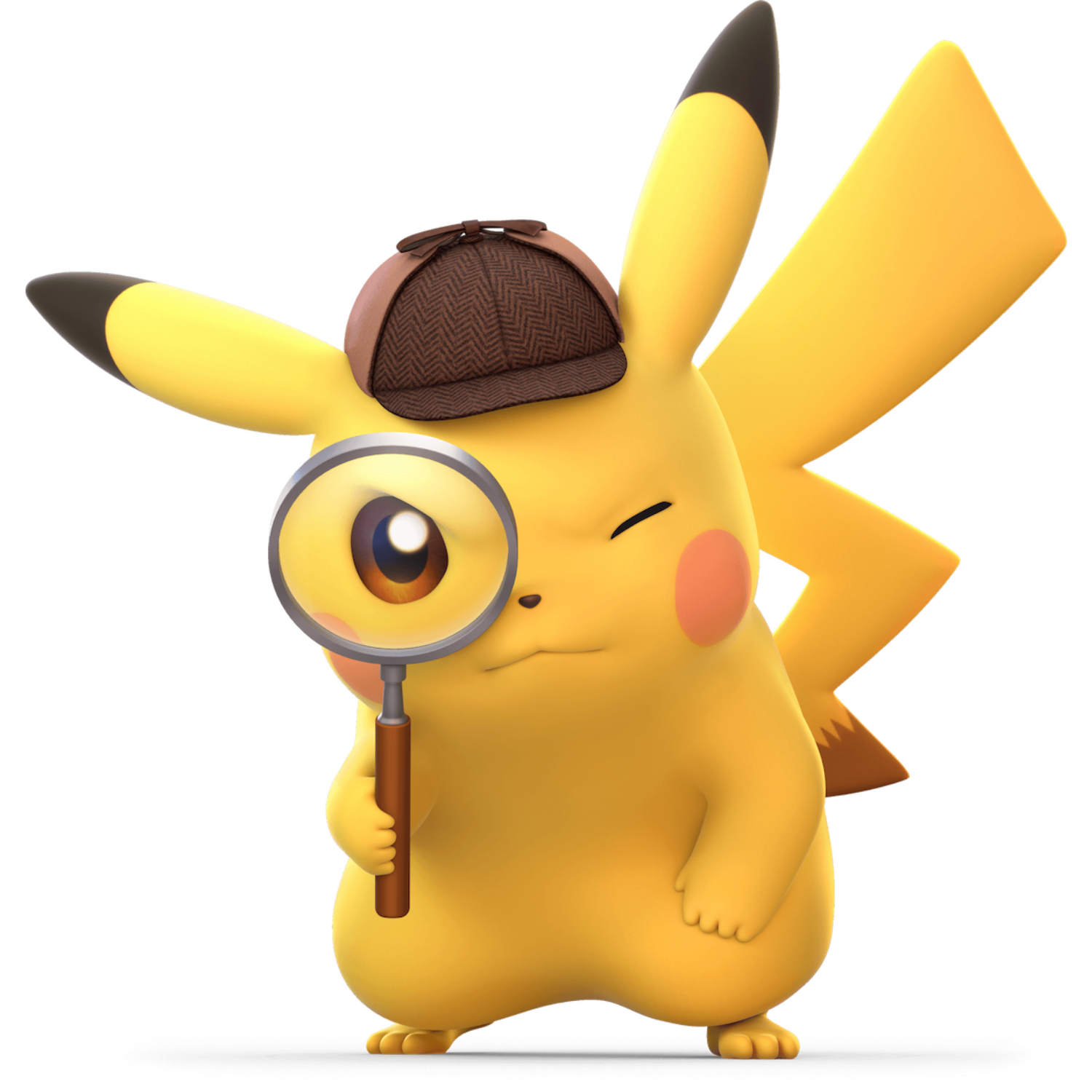 Detective Pikachu winks, looks through a magnifying glass, wearing a brown fedora.