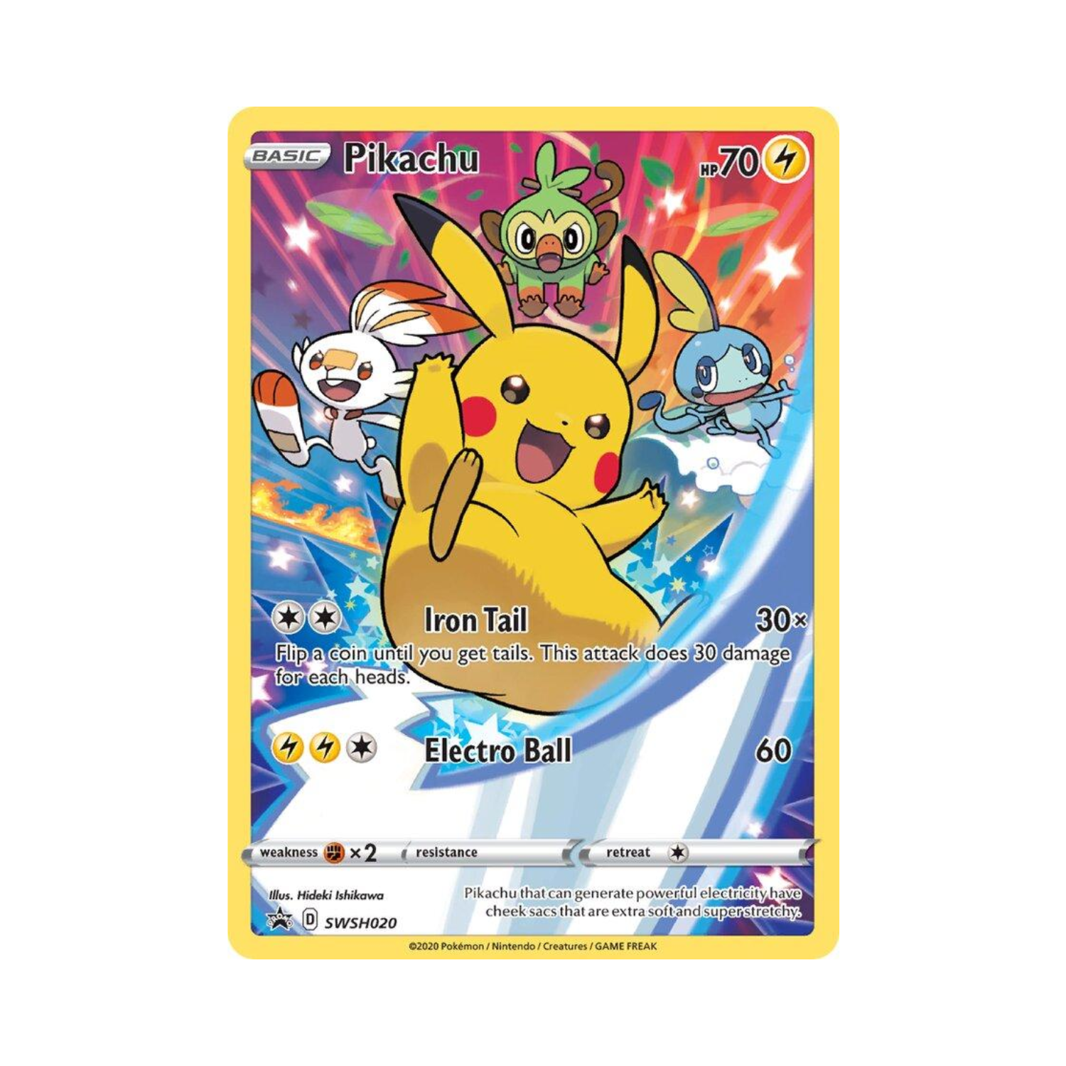 Pikachu Pokémon card featuring Pikachu, Scorbunny, Grookey, and Sobble on a white and blue background.