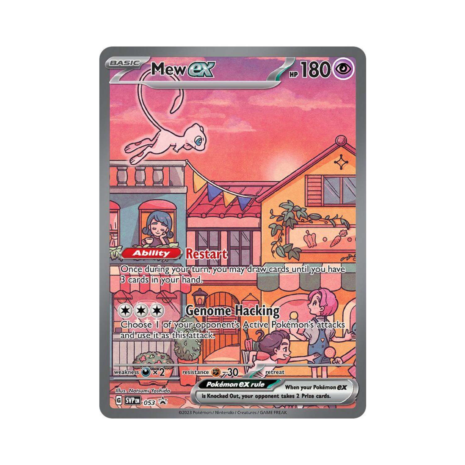 Mew ex Pokémon card in a town scene, pink colors, people, Mew flying.