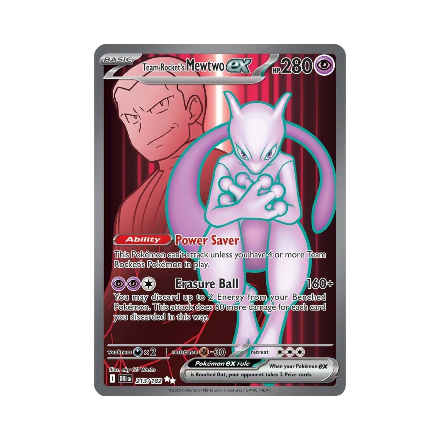 Team Rocket's Mewtwo EX Pokémon card. Shiny Mewtwo, red background with Team Rocket leader.