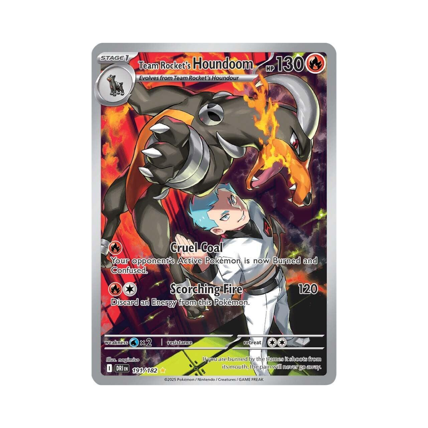 Team Rocket's Houndoom Pokemon card with a trainer. Houndoom is black, orange flames, trainer white uniform.