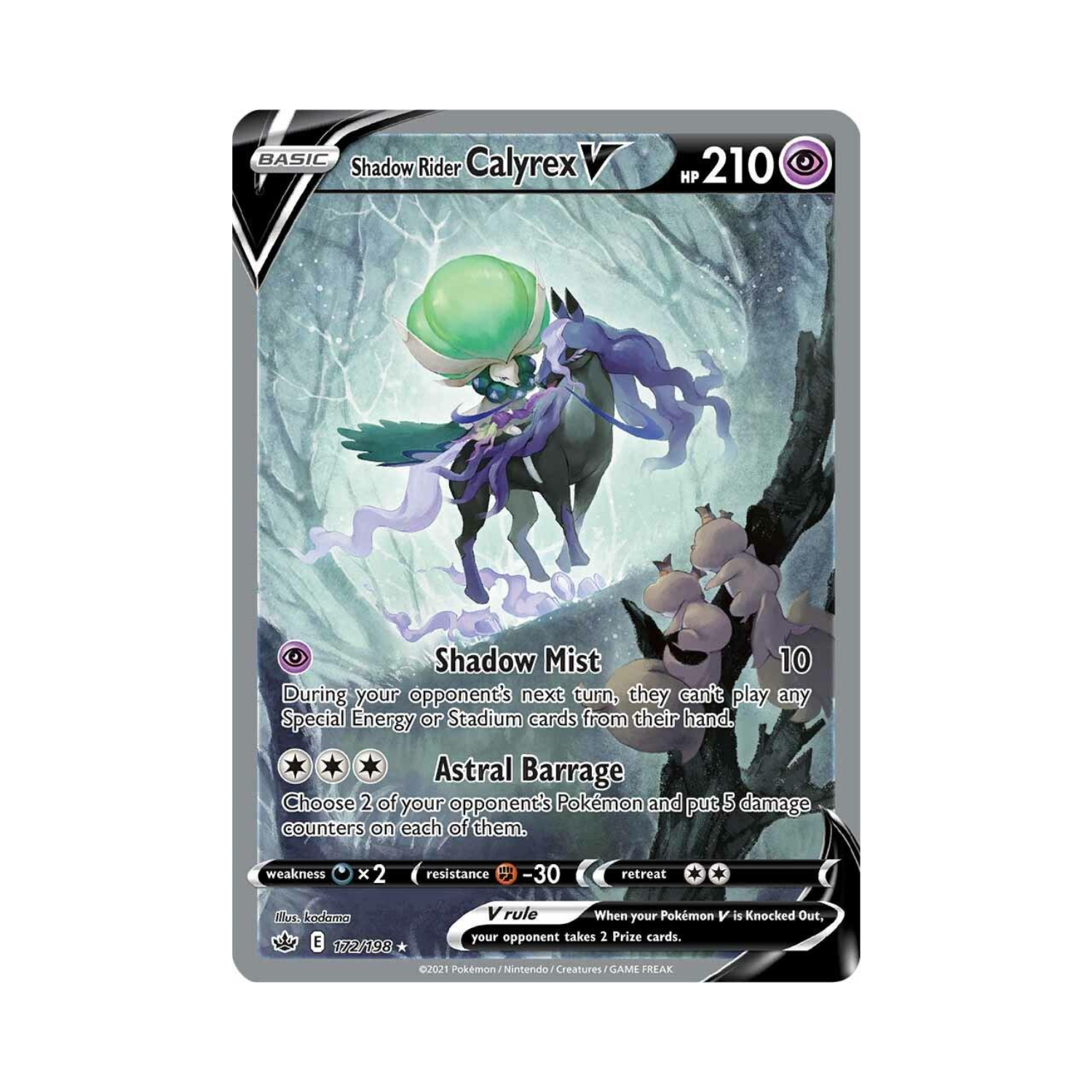 Shadow Rider Calyrex V Pokémon card; Calyrex on a dark horse in a snowy forest, attacking.
