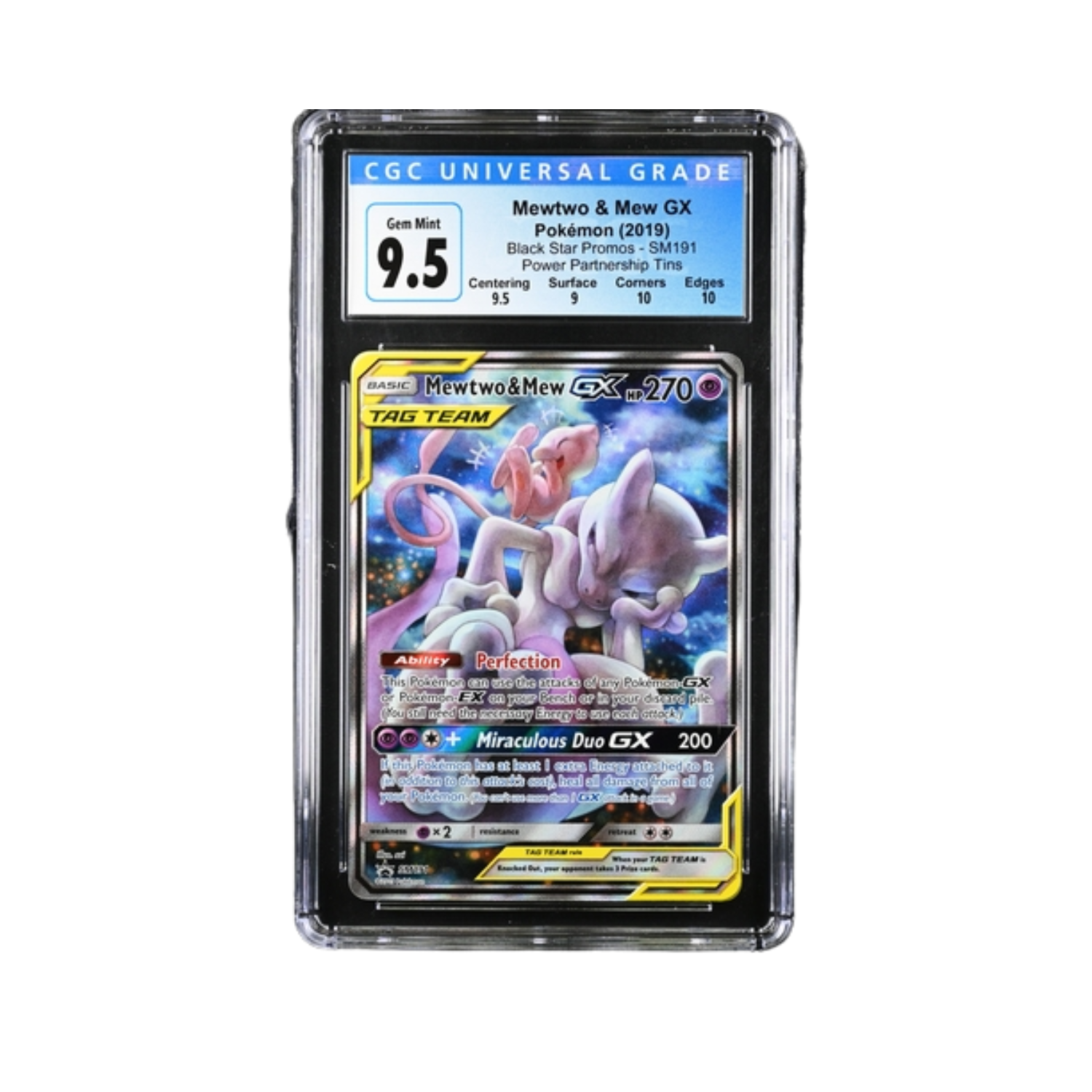 CGC-graded Pokémon card featuring Mewtwo & Mew GX, with a 9.5 grade.