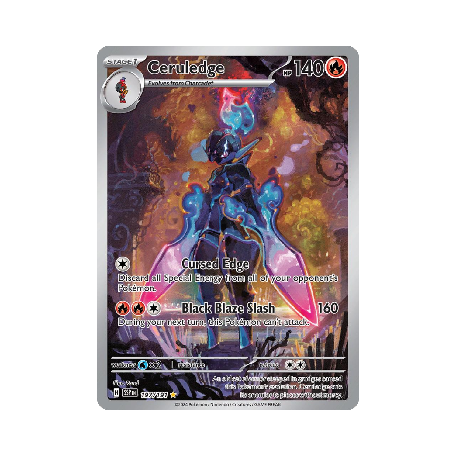 Ceruledge Pokémon card with dark blue armor, flaming head, and pink blades in a forest setting.