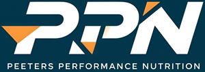 Logo voor Peeters Performance Nutrition: witte letters PPN met oranje driehoeken op een blauwe achtergrond.