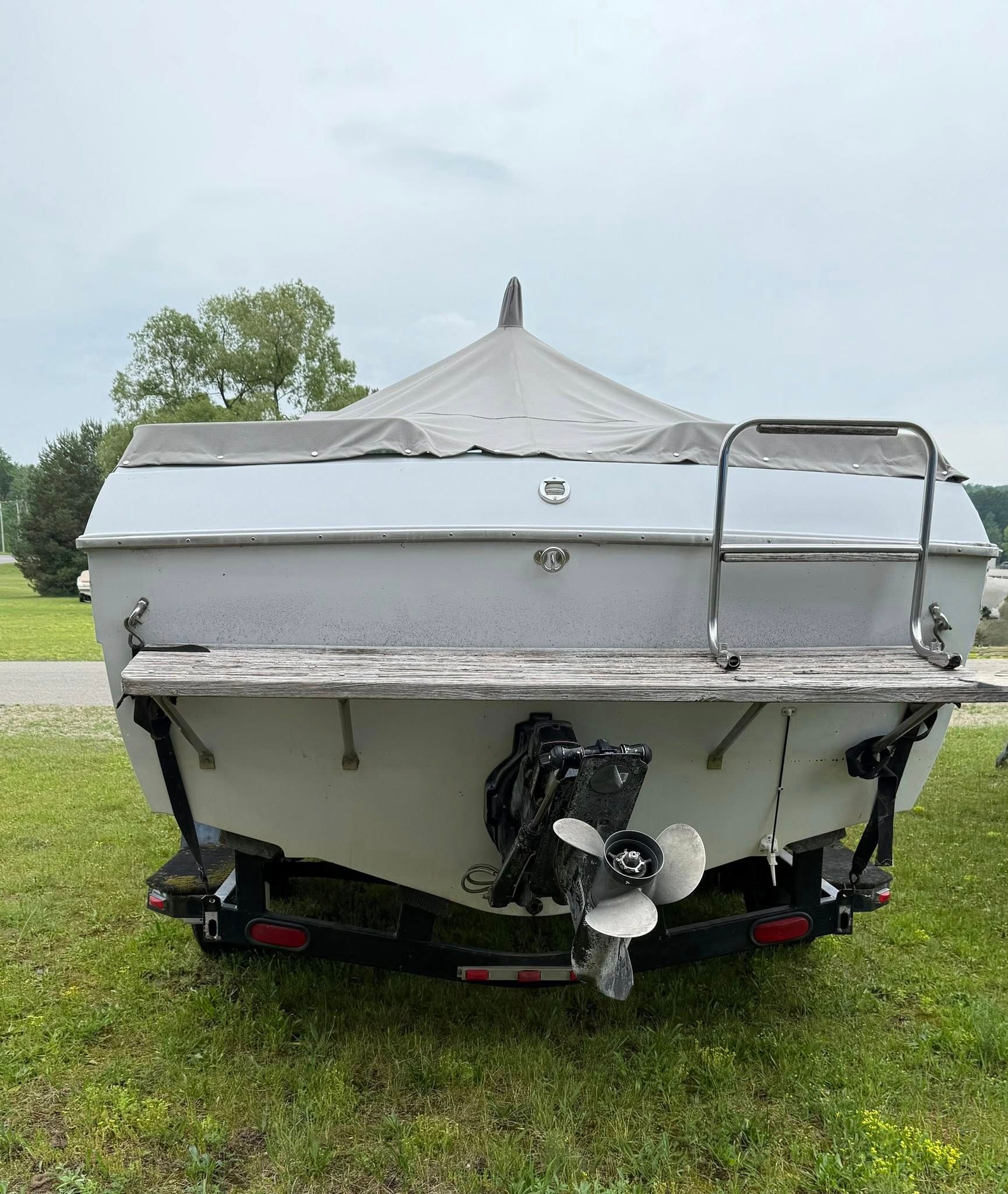 Back view of a white motorboat with a trailer, parked on grass. Gray cover and ladder visible.