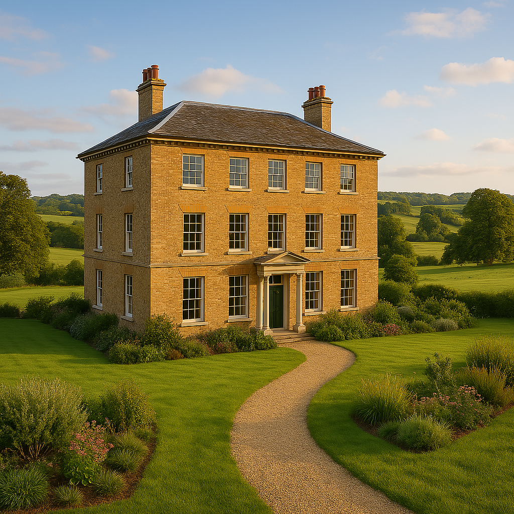 A 3d model of a large house with a chimney on the side.