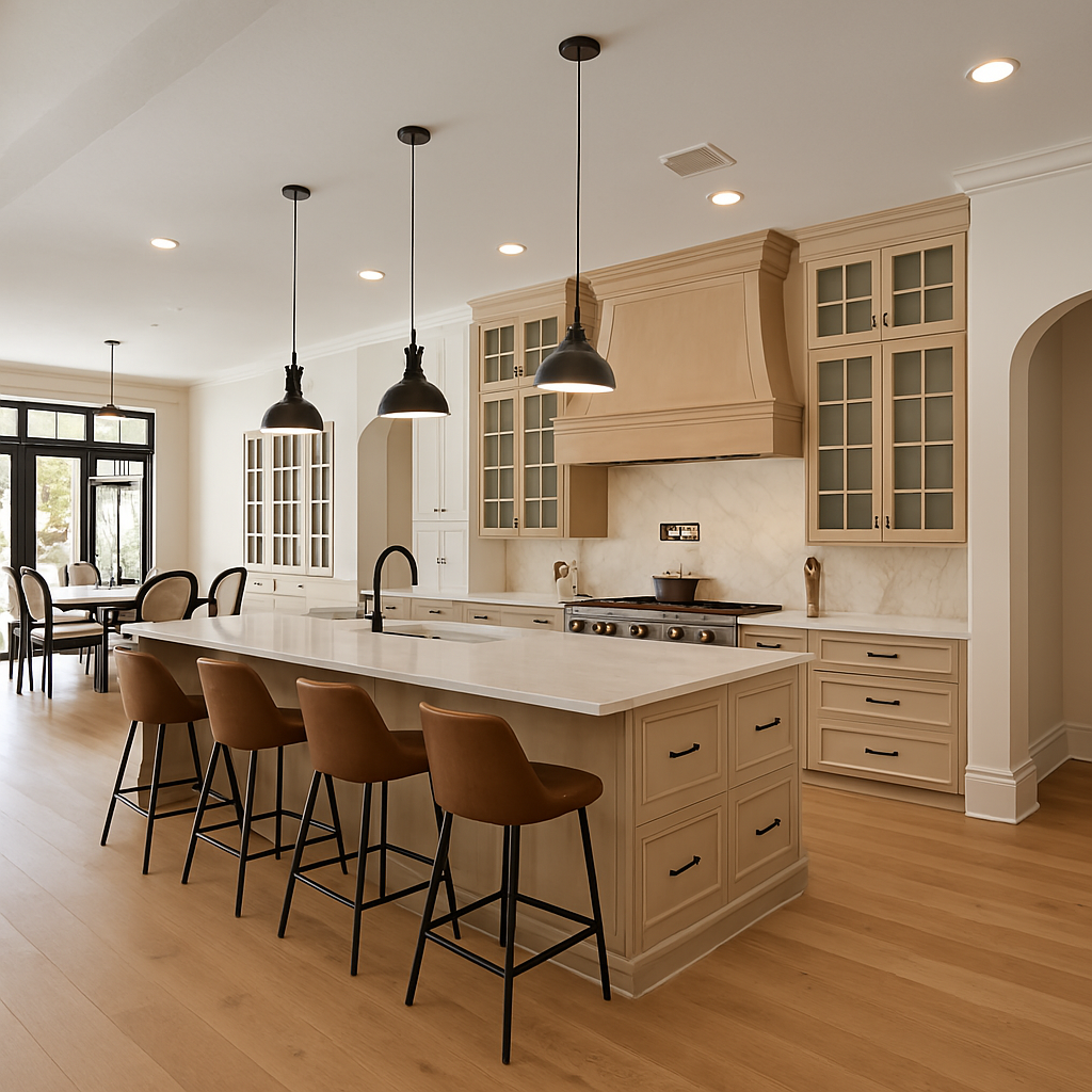 A kitchen with white cabinets , granite counter tops , stainless steel appliances and hardwood floors.
