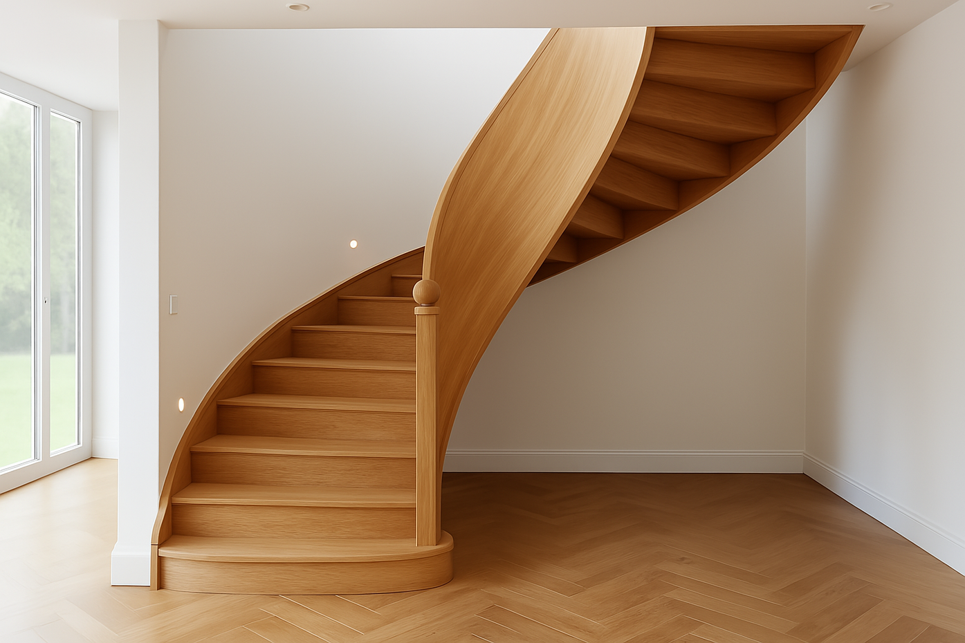 A wooden spiral staircase in an empty room next to a window.