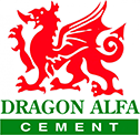 the logo for dragon alfa cement is a red dragon with wings .