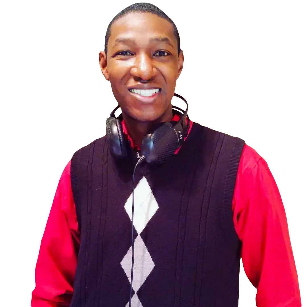 DJ Aaron Harris with headphones around his neck, wearing a red shirt and black argyle vest.
