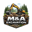 Logo for M&A Excavation featuring a yellow excavator on a rock pile in front of a forest, framed by a metal shield.